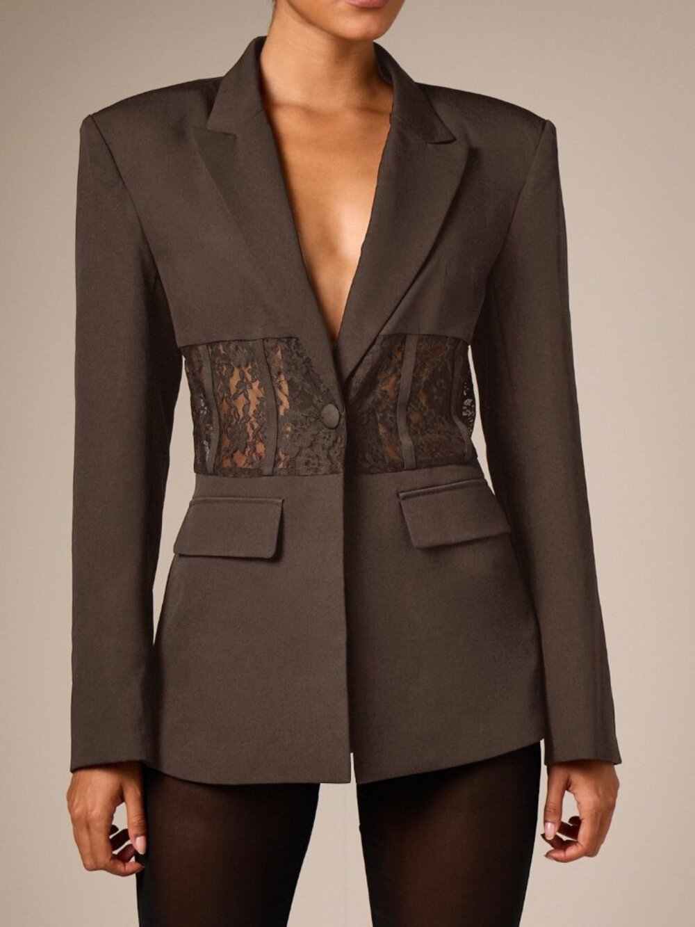 Brown Elegant Women's Baroque Contrast Lace Single Button Fitted Waist Jacket